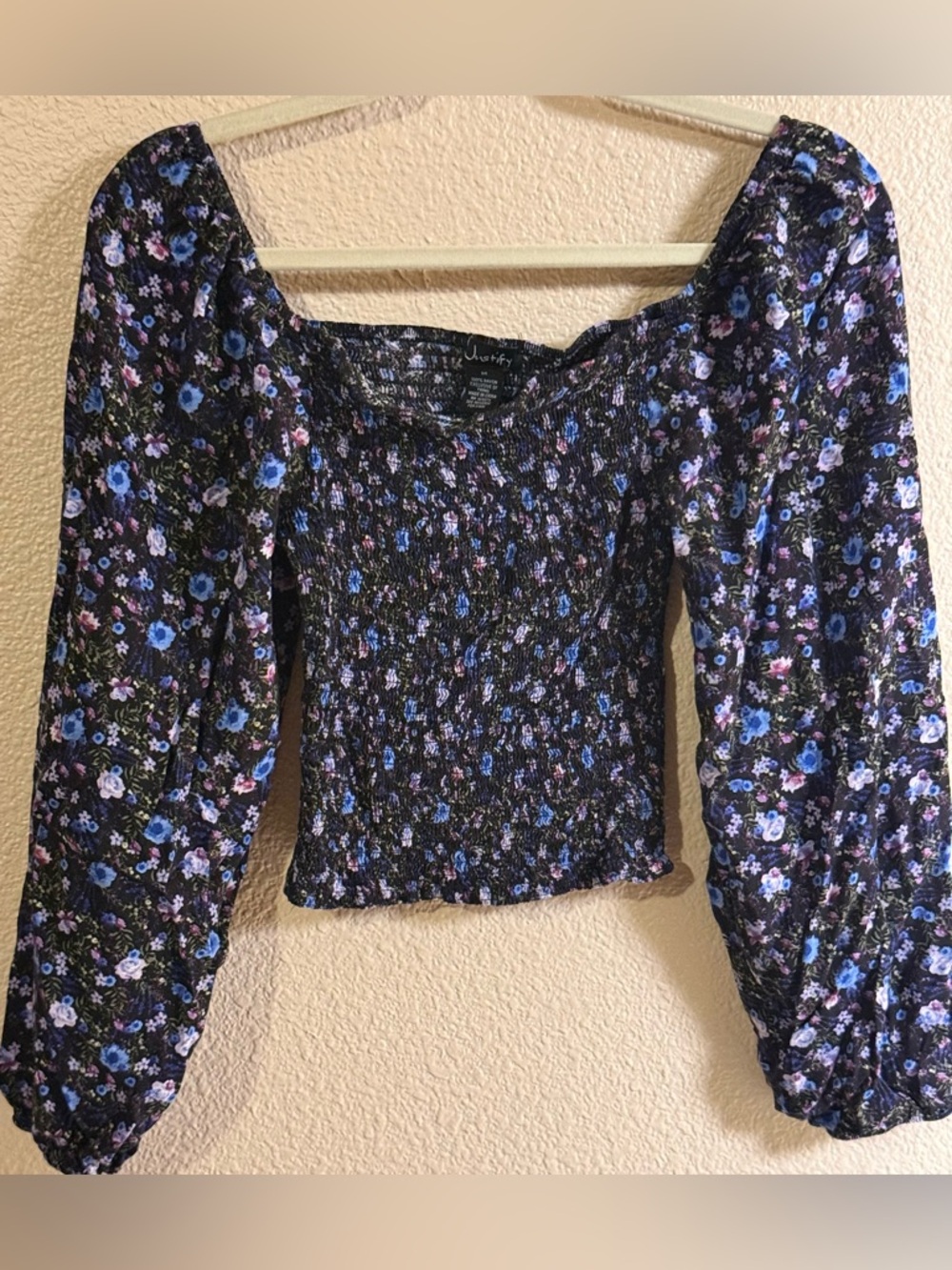 Justify Black Smocked Floral Square-Neck Puff Sleeve Top